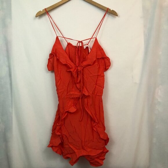 ASTR Waist Tie Flutter Romper Coral Red Orange Sleeveless Strappy Boho Ruffle XS - Picture 6 of 10